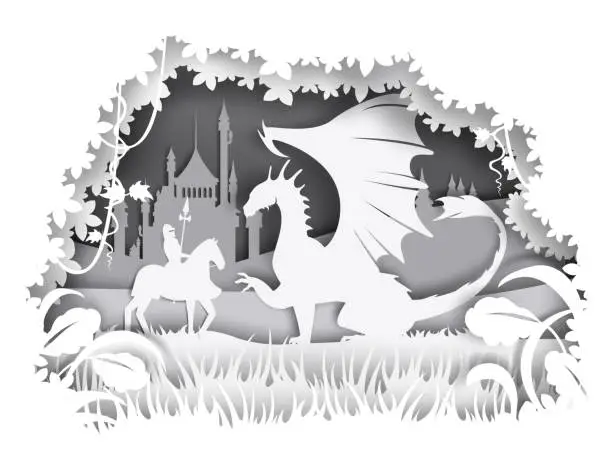Vector illustration of Knight fighting dragon, vector illustration in paper art style