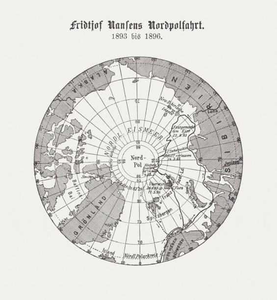 Fridtjof Nansen's northern polar expedition (1893-1896), wood engraving, published 1898 Fridtjof Nansen's northern polar expedition (1893 - 1896). Together with Fredrik Hjalmar Johansen, on April 8, 1895, with a latitude of 86 ° 13.6 'N, he set a new record with the closest approach to the geographic North Pole. Wood engraving, published in 1898. north pole map stock illustrations