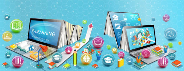 Two laptops like books. The concept of learning. Online education. Vector Illustration Two laptops like books. The concept of learning. Online education. Vector Illustration 490 stock illustrations