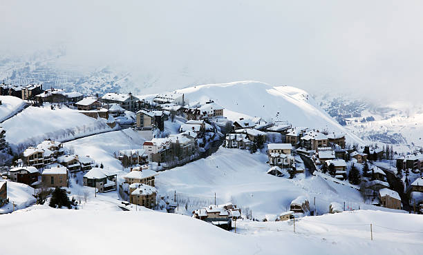 Winter Mountain Village Landscape Stock Photo - Download Image Now