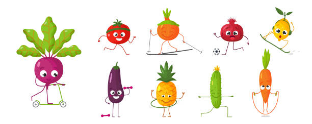 cartoon gemüse und früchte mit emotionen spielen sport. vektor-illustration - food cartoon vegetable running stock-grafiken, -clipart, -cartoons und -symbole