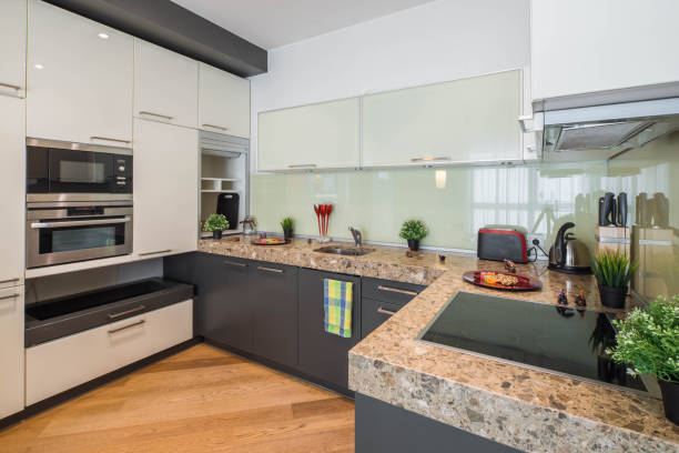 istock View of kitchen in the flat. Modern kitchen set. Decorative flowers. 1198828958