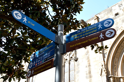 BARCELONA / SPAIN - August 2018: Tourist information sign with walking directions pointing to most of Barcelona's top tourist attractions.