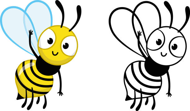 만화 꿀벌 캐릭터는 우리를 맞이 - fly line art insect drawing stock illustrations