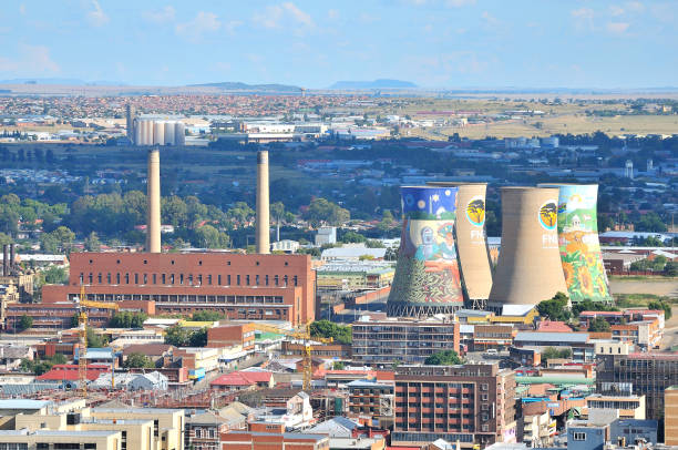 Bloemfontein, South Africa, April 2, 2010: View of part of the Bloemfontein CBD as seen from Naval Hill.  The power station is visible