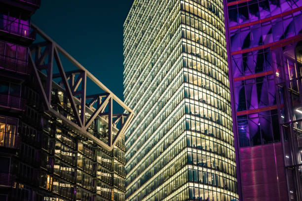 Shopping mall courtyard at night, Berlin Germany