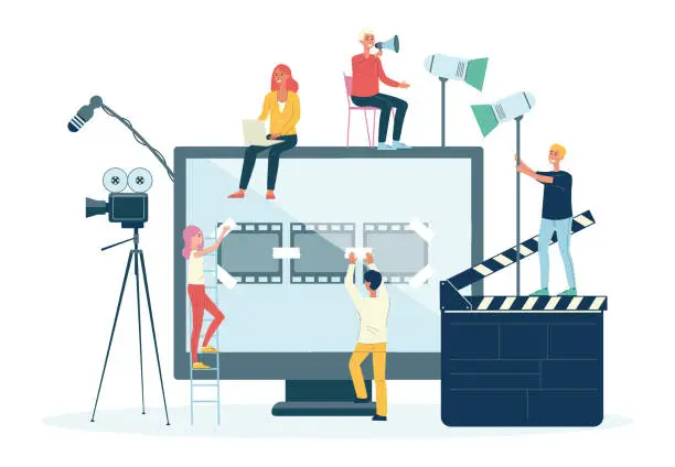 Vector illustration of Movie films and video production crew people flat vector illustration isolated.