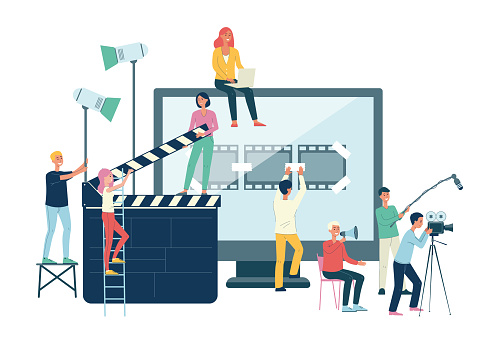 Movie production crew banner - cartoon people with giant cinema equipment at video shoot. Filming, recording and editing a film - isolated flat vector illustration.