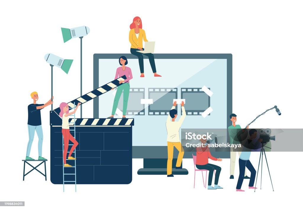 Movie Production Crew Banner Cartoon People With Giant Cinema Equipment  Stock Illustration - Download Image Now - iStock