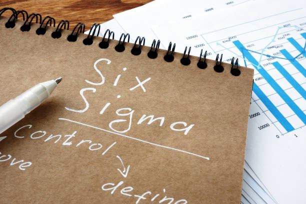 six sigma sign as lean manufacturing concept. notebook and papers. - leaning imagens e fotografias de stock