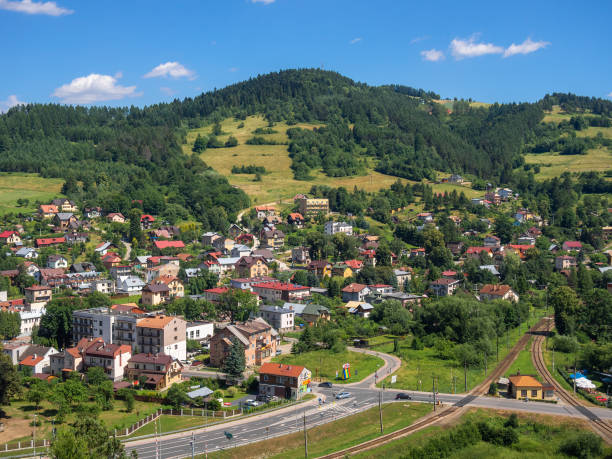 夏の小ポーランド��のヴォイボデシップのスパタウンムジナ。バスタ山の城跡からの眺め。 - lesser poland ストックフォトと画像