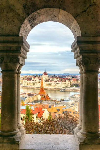 Photo of View of Budapest Parliament from fishermen's bastion, Budapest, Hungary.