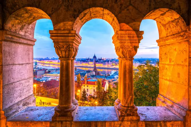 Photo of View of Budapest Parliament from fishermen's bastion, Budapest, Hungary.