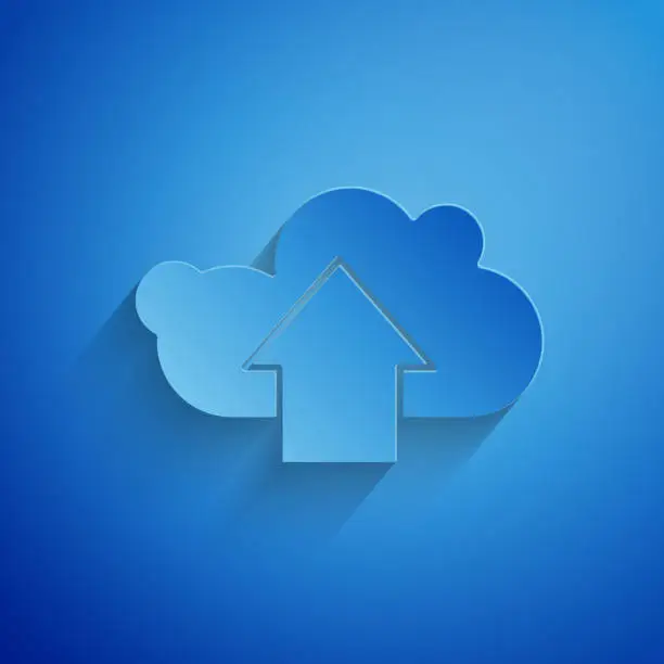 Vector illustration of Paper cut Cloud upload icon isolated on blue background. Paper art style. Vector Illustration