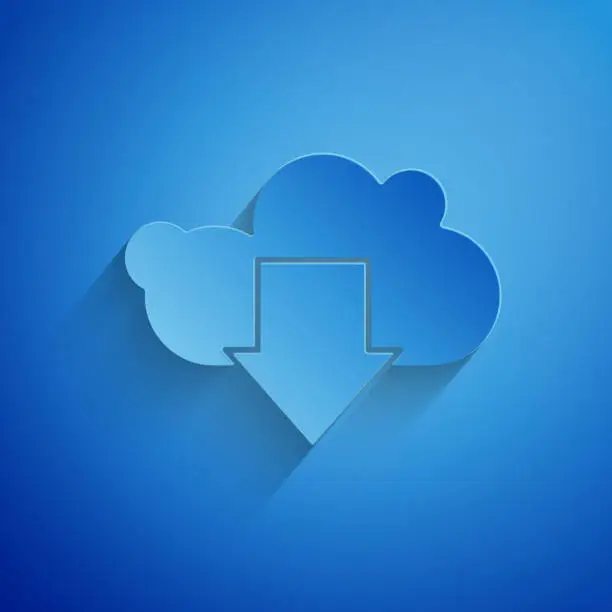 Vector illustration of Paper cut Cloud download icon isolated on blue background. Paper art style. Vector Illustration