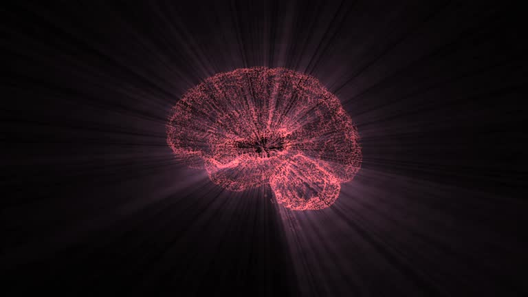 A rotating human brain electrically charging from an internal electricity source, changing colour.