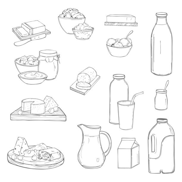 ilustraciones, imágenes clip art, dibujos animados e iconos de stock de juego de comida de leche.  ilustración de boceto vectorial. - butter dairy product yogurt milk