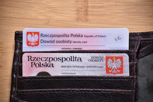 Polish old and new on top ID card with chip. Translation of description: Republic of Poland, Identity Card.
