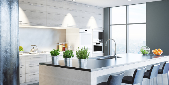 Interior of modern kitchen in luxury mansion, 3d rendering