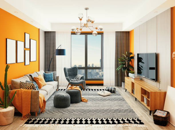 Luxury Modern Living Room, 3d rendering illustration stock photo