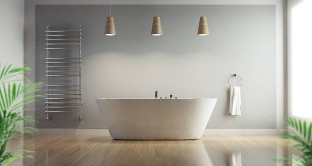 istock Modern bathroom with shiny white cabinets and washing machine, 3d rendering 1198843878