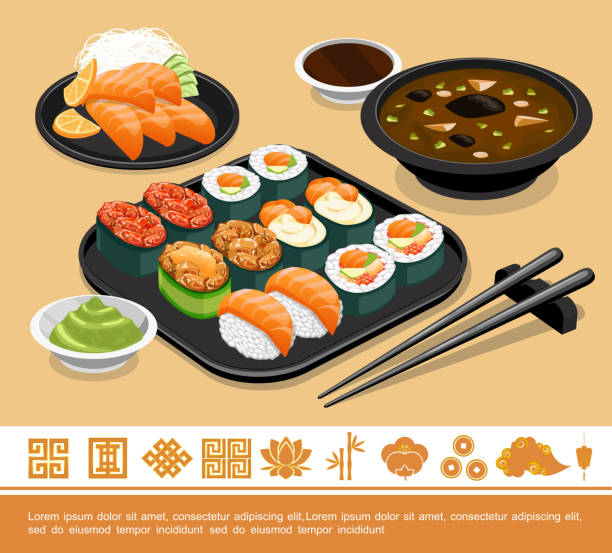 ilustraciones, imágenes clip art, dibujos animados e iconos de stock de plantilla de comida japonesa tradicional plana - sashimi