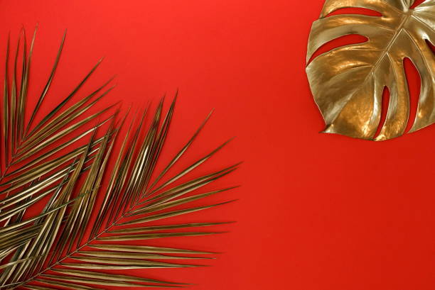 istock Gold leaves plant tropical monstera and palm pattern frame on a red background. top view.abstract. 1198846995