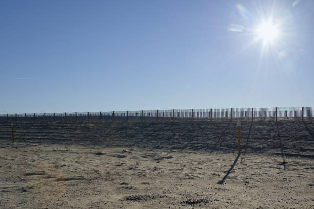 Sand Fence Shadows A sand fence, or sand break if you wish, placed on top of dunes being restored after repeated flooding related to global climate change provides an interesting structure eastern shore sand sand dune beach stock pictures, royalty-free photos & images