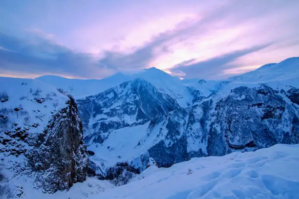 Sunset in the snow-covered mountains of Gudauri. Georgia