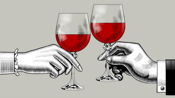 ręce mężczyzny i kobiety kieliszki z czerwonym winem - clink stock illustrations