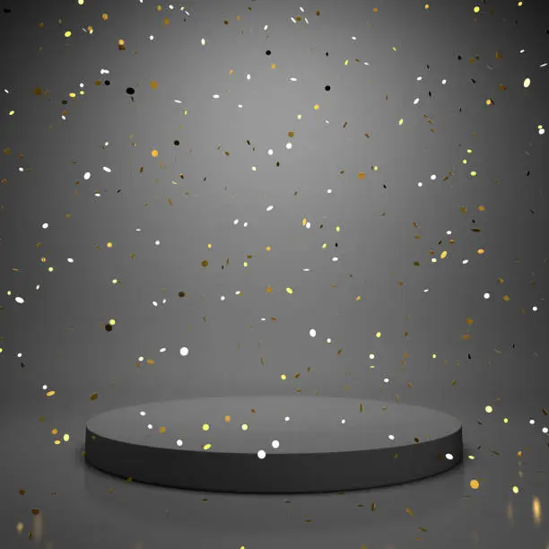 Black cylinder podium on black background and golden confetti, tinsel, for design, 3d render.
