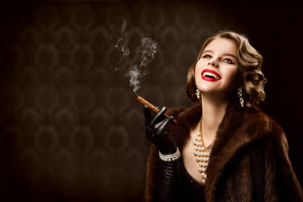 Woman Smoking Cigar, Fashion Model Retro Beauty Style, Old Fashioned Lady Woman Smoking Cigar, Elegant Fashion Model Retro Beauty Style, Happy Old Fashioned Lady smoking women luxury cigar stock pictures, royalty-free photos & images