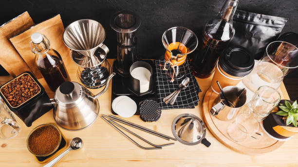 istock Accessories and utensils for making coffee using alternative methods, wooden table in the interior of the coffee shop 1198852199