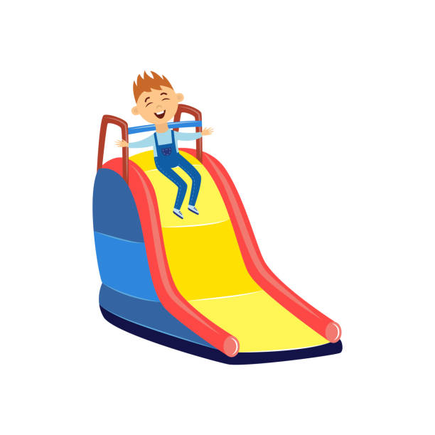 Happy little boy sliding down colorful yellow slide Happy little boy sliding down colorful yellow slide - cartoon kid in overalls having fun on the playground. Excited child with big smile - flat isolated vector illustration. sliding down stock illustrations