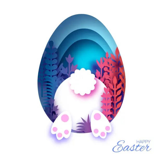 Vector illustration of White Easter Rabbit and flower in paper cut style. Bunny booty. Egg layered frame. Blue