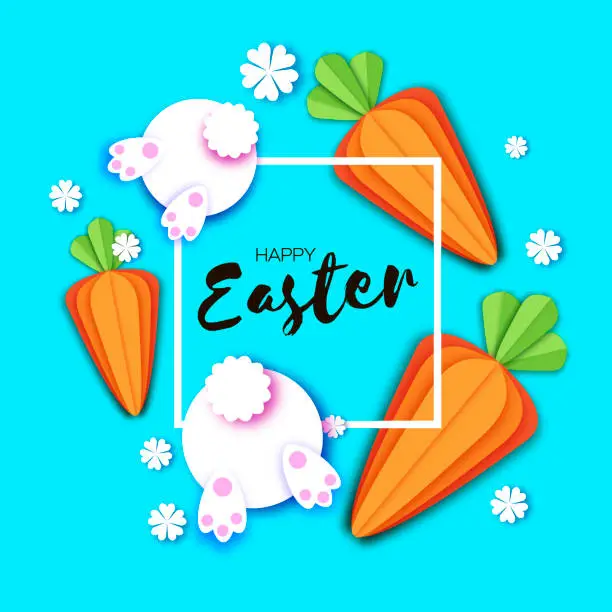 Vector illustration of Cute White Easter bunnies and carrots. Rabbit booty. Happy Easter in paper cut style. Spring blue. Frame for text.