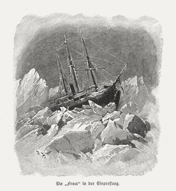 ilustrações, clipart, desenhos animados e ícones de expedição fram de fridtjof nansen (1893-1896), gravura de madeira, publicada em 1898 - massa de gelo flutuante