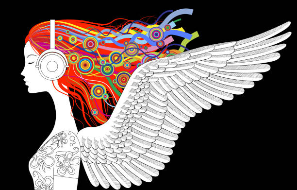 ilustrações de stock, clip art, desenhos animados e ícones de linear drawing of girl head half-face with wings, color loose hair and head-phones - nike