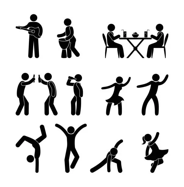 Vector illustration of people having fun, dancing, playing musical instruments, stick figure man pictogram