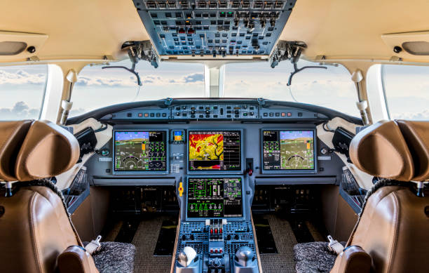 cockpit of a modern private jet airplane - cockpit dashboard airplane control panel imagens e fotografias de stock