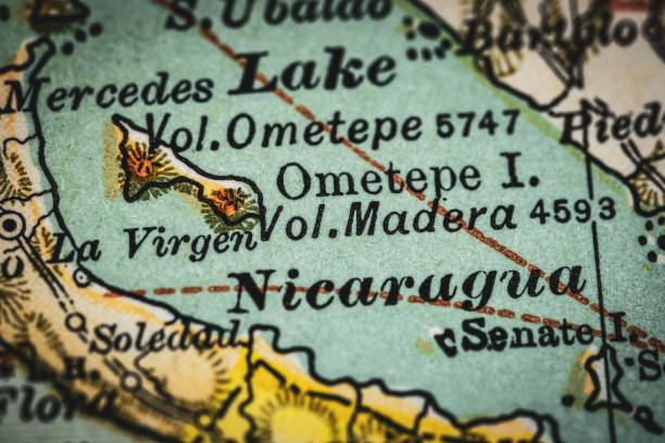 Lake Nicaragua / Ometepe - Vintage Nicaragua Map - Central America Close up of original vintage map of the Lake Nicaragua / Ometepe region of Nicaragua. Old style cartography and drawing  of the terrain relief. Map is from "The Century Atlas - Central America" expired copyright originally dated 1897 and 1902 by the Century Company. Original map is public domain.

As of 2019, copyright has expired for all works published in the United States before 1924. Picture was taken of an owned copy of the original atlas. masaya volcano stock pictures, royalty-free photos & images