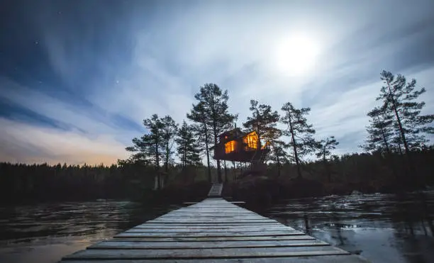 December 7, 2019 - Fiddan, Norway -  Treetop cabin by calm lake.