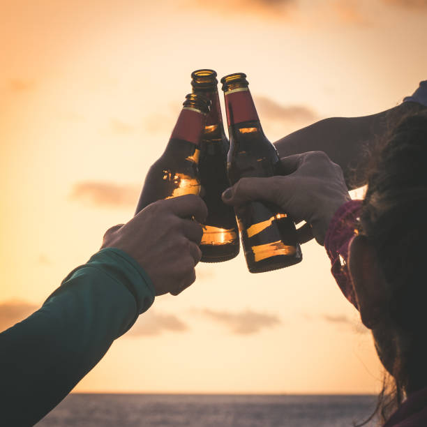 saluti ai migliori amici, gruppo di amici che si godono un drink serale sulla spiaggia al tramonto. mani che tengono bottiglie di birra. concetto di vacanza, spensierato, relax, festa e benessere. - clang foto e immagini stock