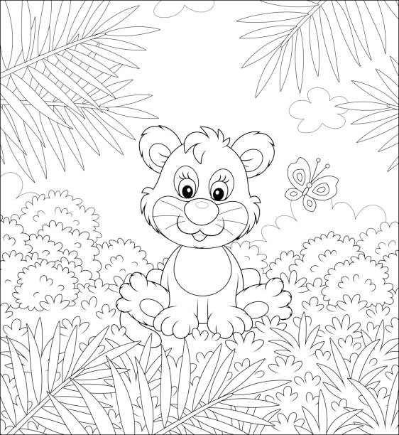 Little lion playing with a butterfly Funny small lionet sitting on grass against the background of palm branches and bushes of savanna, black and white vector cartoon illustration for a coloring book page coloring book page illlustration technique illustrations stock illustrations