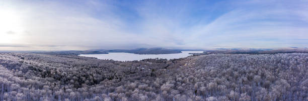 vue panoramique aérienne de la forêt boréale en hiver après une tempête de neige, québec, canada - forest aerial view taiga treetop photos et images de collection