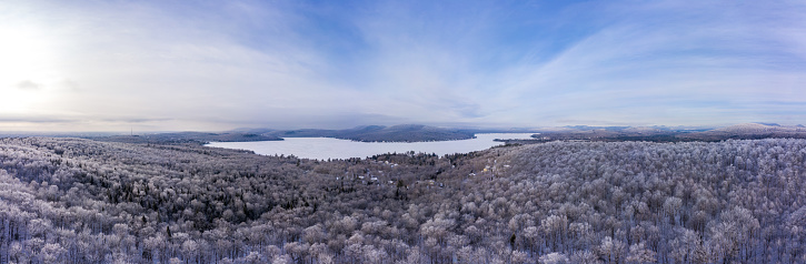 Aerial Panoramic View of Lac Saint-Joseph in Winter After Snowstorm, Quebec, Canada