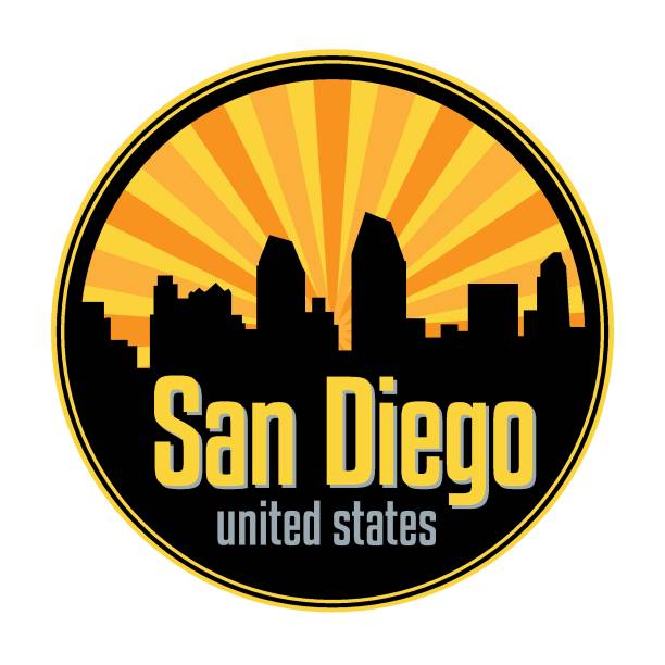 ilustrações, clipart, desenhos animados e ícones de emblema, etiqueta ou selo com skyline de san diego - label travel san diego california california