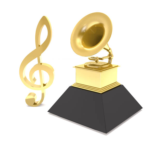 segno di chiave acuti e statuetta di un grammofono dorato (illustrazione 3d). - treble clef three dimensional shape black sign foto e immagini stock