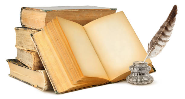 istock Isolated old books with empty pages, inkstand and quill 1198871360