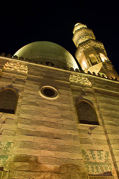 Front View of Qalawun Mosque in Old Cairo at Night stock photo